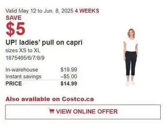 Costco UP! ladies' pull on capri offer