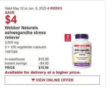 Costco Webber Naturals ashwagandha stress reliever offer