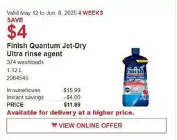 Costco Finish Quantum Jet-Dry Ultra rinse agent offer