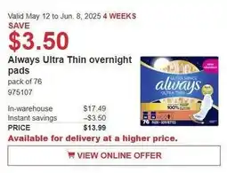 Costco Always Ultra Thin overnight pads offer