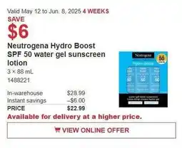 Costco Neutrogena Hydro Boost SPF 50 water gel sunscreen lotion offer