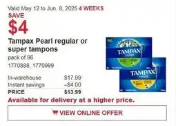 Costco Tampax Pearl regular or super tampons offer