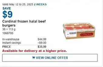 Costco Cardinal frozen halal beef burgers offer