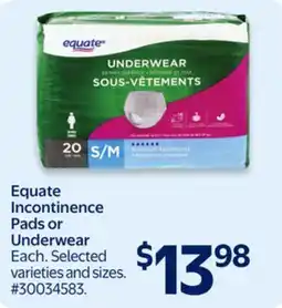 Walmart Equate Incontinence Pads or Underwear offer