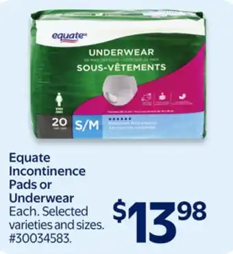 Walmart Equate Incontinence Pads or Underwear offer