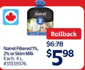 Walmart Natrel Filtered 1%, 2% or Skim Milk offer