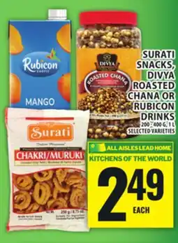 Food Basics SURATI SNACKS, DIVYA ROASTED CHANA OR RUBICON DRINKS offer