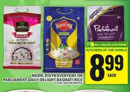 Food Basics NOOR, DIVYA EVERYDAY OR PARLIAMENT DAILY DELIGHT BASMATI RICE offer