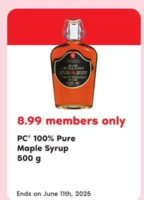 Loblaws PC 100% PURE MAPLE SYRUP 500 G offer