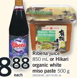 Fortinos RIBENA JUICE, 850 ML OR HIKARI ORGANIC WHITE MISO PASTE, 500 G offer