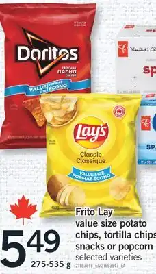 Fortinos FRITO LAY VALUE SIZE POTATO CHIPS, TORTILLA CHIPS SNACKS OR POPCORN, 275-535 G offer
