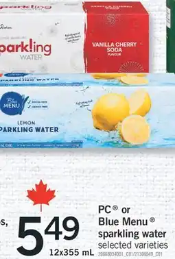 Fortinos PC OR BLUE MENU SPARKLING WATER, 12X355 ML offer