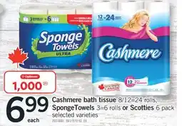 Fortinos CASHMERE BATH TISSUE, 8/12=24 ROLLS, SPONGETOWELS, 3=6 ROLLS OR SCOTTIES, 6 PACK offer