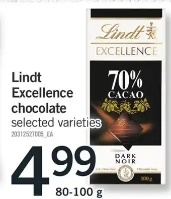 Fortinos LINDT EXCELLENCE CHOCOLATE, 80-100 G offer