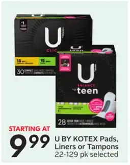 Sobeys U BY KOTEX Pads, Liners or Tampons offer