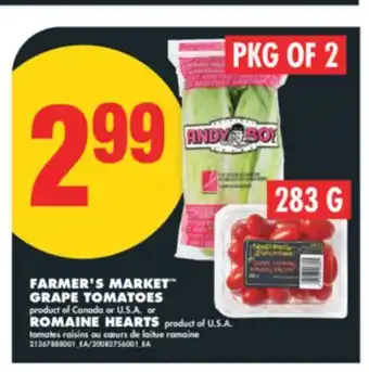 No Frills FARMER'S MARKET GRAPE TOMATOES, 283 G or ROMAINE HEARTS, PKG OF 2 offer