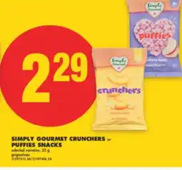 No Frills SIMPLY GOURMET CRUNCHERS or PUFFIES SNACKS, 32 g offer