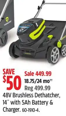Canadian Tire Yardworks 48V Brushless Dethatcher, 14 with 5Ah Battery & Charger offer