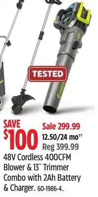 Canadian Tire Yardworks 48V Cordless 400CFM A Blower & 13 Trimmer Combo with 2Ah Battery & Charger. 60-1986-4.d AH offer