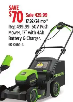 Canadian Tire Greenworks 60V Push Mower, 17 with 4Ah Battery & Charger offer