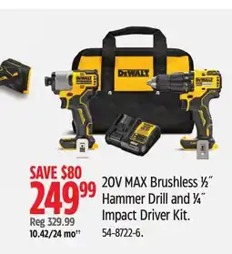 Canadian Tire Dewalt 20V MAX Brushless 1⁄2 Hammer Drill and 1⁄4˝ Impact Driver Kit offer