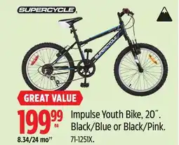 Canadian Tire Supercycle Impulse Youth Bike, 20˝. Black/Blue or Black/Pink offer