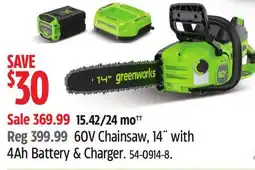Canadian Tire Greenworks 60V Chainsaw, 14 with 4Ah Battery & Charger offer