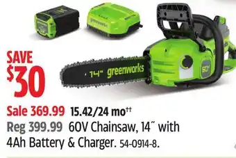 Canadian Tire Greenworks 60V Chainsaw, 14 with 4Ah Battery & Charger offer