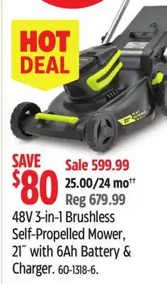 Canadian Tire Yardworks 48V 3-in-1 Brushless Self-Propelled Mower, 21 with 6AH Battery & Charger offer