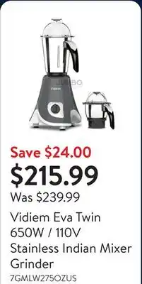 Walmart Vidiem Eva Twin 650W / 110V Stainless Indian Mixer Grinder offer