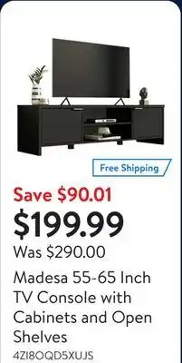 Walmart Madesa 55-65 Inch TV Console with Cabinets and Open Shelves offer