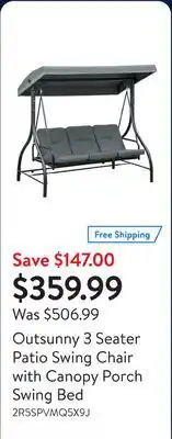 Walmart Outsunny 3 Seater Patio Swing Chair with Canopy Porch Swing Bed offer