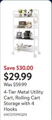 Walmart 4-Tier Metal Utility Cart, Rolling Cart Storage with 4 Hooks offer
