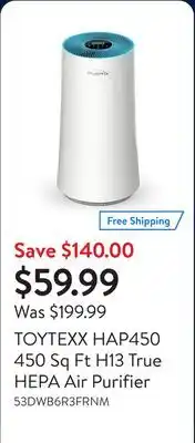 Walmart TOYTEXX HAP450 450 Sq Ft H13 True HEPA Air Purifier offer