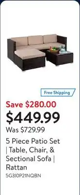 Walmart 5 Piece Patio Set | Table, Chair, & Sectional Sofa | Rattan offer