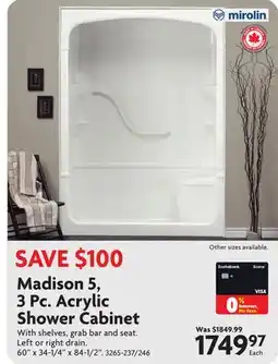 Home Hardware Madison 5, 3 Pc. Acrylic Shower Cabinet offer