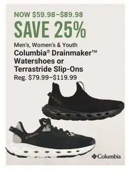 Cabela's Men's, Women's & Youth Columbia Drainmaker Watershoes or Terrastride Slip-Ons offer