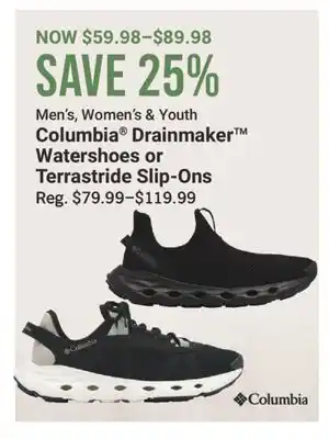 Cabela's Men's, Women's & Youth Columbia Drainmaker Watershoes or Terrastride Slip-Ons offer