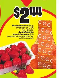FreshCo Strawberries 454 g Product of USA No. 1 Grade Compliments Navel Oranges 3 lb Product of Egypt offer