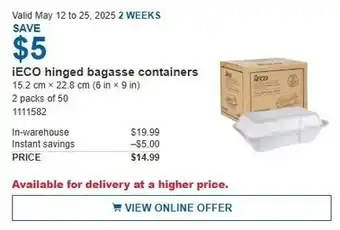 Costco ¡ECO hinged bagasse containers offer