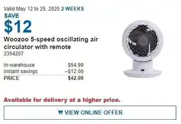 Costco Woozoo 5-speed oscillating air circulator with remote offer