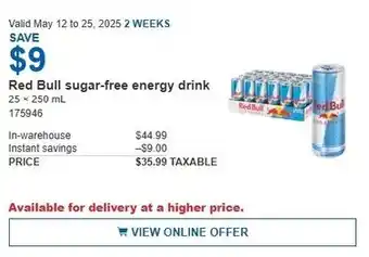 Costco Red bull sugar-free energy drink offer