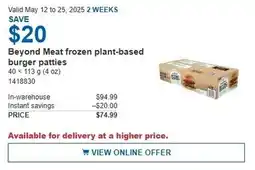 Costco Beyond meat frozen plant-based burger patties offer