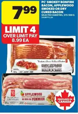 Real Canadian Superstore PC smokey bonfire bacon, applewood smoked or dry cured bacon offer