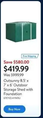Walmart Outsunny 8.5’ x 7’ x 6’ Outdoor Storage Shed with Foundation offer