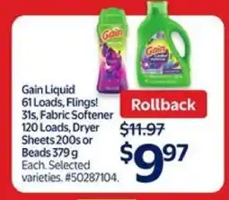 Walmart Gain Liquid, Flings!, Fabric Softener, Dryer Sheets, Beads offer
