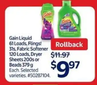 Walmart Gain Liquid, Flings!, Fabric Softener, Dryer Sheets, Beads offer