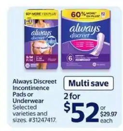 Walmart Always Discreet Incontinence Pads or Underwear offer
