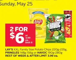 Rexall LAY'S XXL Family Size Potato Chips 220g-235g, PRINGLES 148g-156g or HAVOC 190g-280g offer