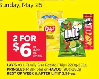 Rexall LAY'S XXL Family Size Potato Chips 220g-235g, PRINGLES 148g-156g or HAVOC 190g-280g offer